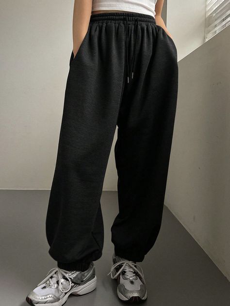 Women Loose Drawstring Waist Long Baggy Sweatpants Black    Knitted Fabric Plain Jogger Slight Stretch  Women Clothing, size features are:Bust: ,Length: ,Sleeve Length: Black Sweatpants Women, Black Baggy Sweatpants, Sporty Pants, Raglan Sleeve Sweater, Baggy Sweatpants, Sweatpants Black, Black Sweats, Casual Sweatpants, Black Sweatpants