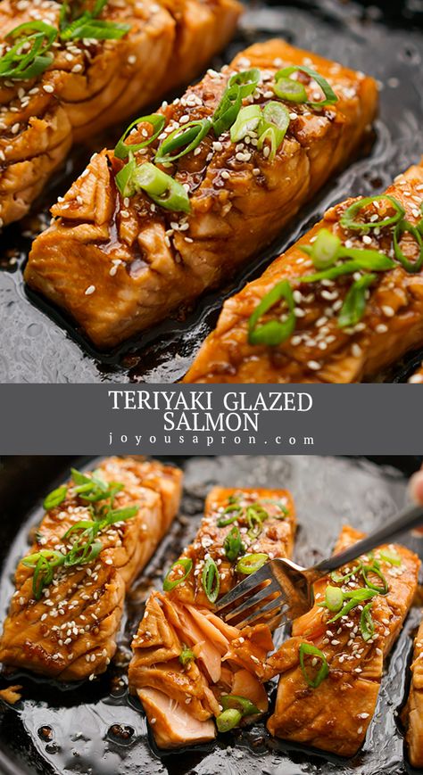 Salmon with Teriyaki Sauce - an easy and yummy Asian inspired fish dish is the perfect dinner meal. Pan seared and coated with homemade Teriyaki Sauce, this seafood recipe is also healthy, quick and takes only 20 minutes! #salmon #Asian #fish #Japanese #seafood #easydinner #dinner #recipe #joyousapron Teriyaki Salmon Pan Seared, Asian Inspired Salmon, Japanese Seafood Recipes, Salmon Japanese Recipe, Japanese Fish Recipe, Japanese Salmon Recipes, Salmon Asian, Salmon Japanese, Japanese Salmon