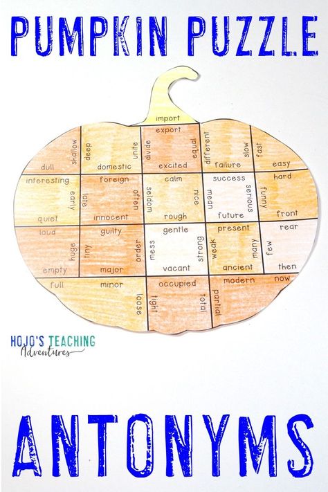 These Antonym Pumpkin Puzzles are great for fall literacy centers, review, early & fast finishers, enrichment, GATE, & critical thinking skills. Great for a lesson in perseverance. With this fun game format your students will stay engaged while practicing necessary skills! Use them in your second, third, fourth, or fifth grade classroom! Low prep - just print, cut, and go! {2nd, 3rd, 4th, 5th, graders, upper elementary, Halloween, Thanksgiving, autumn} Harvest Activities For Elementary, Upper Elementary Halloween, Improving Vocabulary, Pumpkin Literacy, Halloween Literacy Centers, Fifth Grade Classroom, Thanksgiving Language Arts, Fall Literacy Centers, Teachers Resources