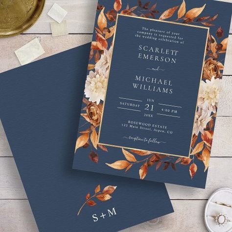 $2.04 | Navy Blue Fall Floral Wedding #watercolor floral, fall colors, fall foliage, autumn wedding, rust copper terracotta burnt orange, elegant leaves, nature garden theme, modern botanical, rustic boho, navy blue wedding Blue Fall Wedding, Fall Floral Wedding, Navy Wedding Colors, Brown Wedding Invitations, Rusting Wedding, Beautiful Fall Wedding, Bronze Wedding, Fall Wedding Color Palette, Burnt Orange Weddings