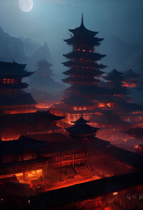 Fire City Fantasy Art, Japanese Palace Fantasy Art, City Concept Art, Imperial City, Japanese City, Chinese Aesthetic, Rpg Map, Urban Landscapes, Japan Aesthetic