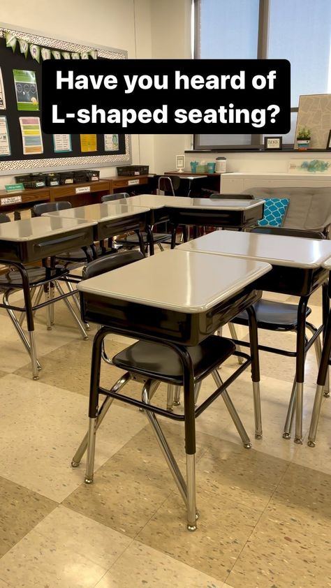 Jillian Watto | L-shaped seating is great for whole group, turn and talk, small groups, jigsaw, fishbowl, and more! I received a request to share my… | Instagram Seating Arrangements Classroom Talkative, Desk Configuration Classroom, 28 Desk Arrangement Classroom, Desk Arrangement For Talkative Students, Alternative Seating Classroom Highschool, Desk Layout Classroom, Desk Arrangement Ideas Elementary, Small Classroom Setup Layout, Classroom Seating Arrangements Desks