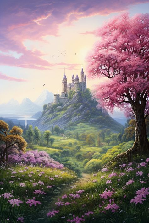 A digital background featuring a magical castle surrounded by a field of wild flowers and trees covered in pink blossoms.  This digital backdrop is perfect for whimsical fantasy composite images.  - - - - - - - - - - - - - - - - - - - - PREMIUM QUALITY: We use only the highest quality images to hand make our digital photography backgrounds and they create beautiful portraits and fine art photography.  FULL LIFETIME WARRANTY: We believe in our product so much that we've included a complete 100% s Castle Landscape Painting, Fantasy Background Art, Pink Fantasy Background, Fantasy Art Background, Fairy Tale Background, Fairytale Background, Flower Castle, Magical Background, Fairytale Landscape