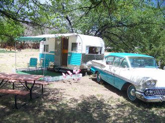 If you want to try before you buy, you can stay in a vintage travel trailer at Starlite Classic Campground in Canon City, Colorado. Shown here is the  "Flamingo Lounge," a 1962 Tepee Trailer hitched to a 1958 Chevy Biscayne. Camper Diy, Vintage Camper Remodel, Old Campers, Retro Caravan, Vintage Rv, Vintage Campers Trailers, Vintage Caravan, Vintage Caravans, Camper Makeover