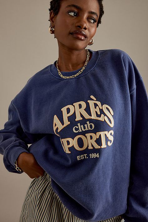 50% Cotton, 50% Polyester Pullover styling Machine wash Imported | Apres Sports Oversized Sweatshirt by Anthropologie in Blue, Women's Size: Small Collegiate Sweatshirt, Cool Sweatshirts, Photoshoot Moodboard, Trendy Sweatshirts, Luxury Embroidery, Kids Graphics, Sports Sweatshirt, Athletic Sweatshirts, Girls Graphic Tee