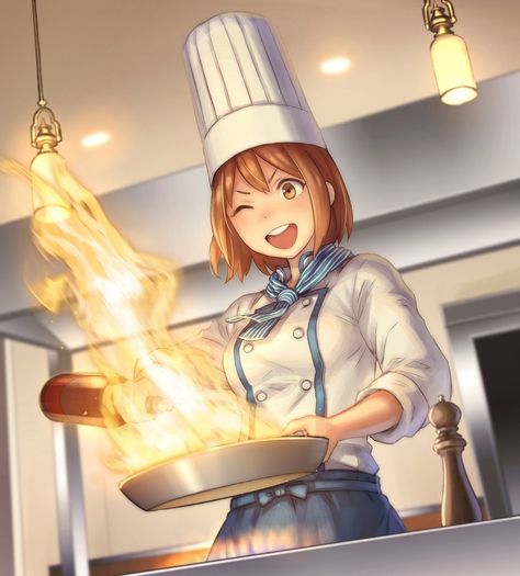 1girl :d anbe_yoshirou blue_neckerchief blue_skirt bottle brown_eyes brown_hair buttons chef_hat chef_uniform cooking fire from_below frying_pan hat highres holding holding_bottle indoors kitchen light long_sleeves neckerchief one_eye_closed open_mouth pepper_shaker pouring shirt short_hair skirt smile solo stove striped_neckerchief white_shirt Cooking Pose Reference Drawing, Solo Stove, Female Chef, Chef Uniform, Costume Noir, Girl Cooking, Fantasy Props, Eyes Brown, Kitchen Light