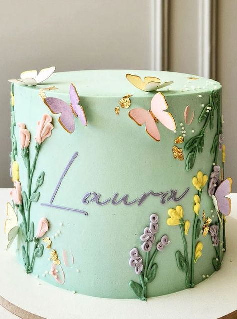 Celebrating 21 Years of Life with these Cake Ideas : Two Tier Semi Naked Birthday Cake Floral Cake Design, Rodjendanske Torte, Fairy Birthday Cake, Butterfly Birthday Cakes, Cake With Flowers, Birthday Cake With Flowers, Green Cake, Garden Cakes, Spring Cake