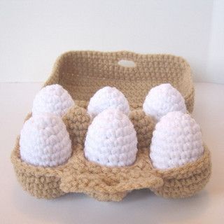 Half dozen crocheted eggs by craftyanna, via Flickr Crochet Velcro Food, Crochet Egg Carton Free Pattern, Crochet Food Set, Easy Crochet Food Patterns, Easy Crochet Food, Crochet Food Pattern Free, Crochet Play Food Free Pattern, Crochet Food Free Patterns, Crochet Cheese