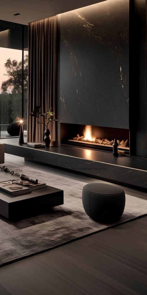 Black Fireplace Wall, Japandi Living Room, Japandi Living, Dark Modern, Black Living Room, Design Room, Dark Interiors, Hus Inspiration, Chic Living