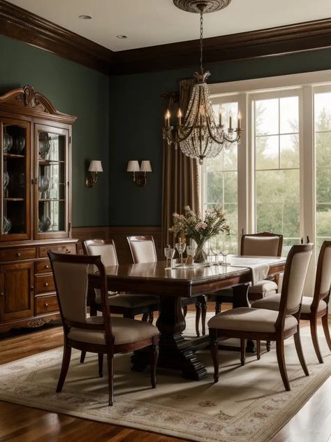 Traditional Interior Color Palette, Dining Room Inspiration Vintage, Rich Dining Room, Dark Academia Dining Room, Vintage Dining Room Ideas, 1920s Dining Room, Traditional Dining Room Ideas, Wainscoting Dining Room, Inspiration Dining Room