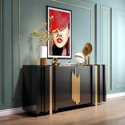 1600mm Light Luxury Sideboard Black Rectangular Buffet with 2 Doors & 2 Shelves in Gold-Homary Black Sideboard Buffet, Black Buffet, Luxury Sideboard, Porch Table, Wood Buffet, Black Sideboard, Side Board, 2 Shelves, Modern Sideboard