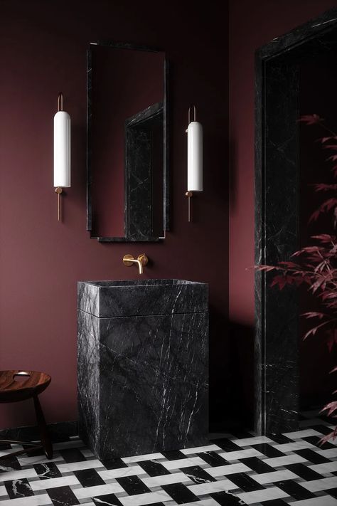 10 Pins : Valentine Edition - Room for Tuesday Blog Maroon Bathroom, Maroon Walls, Design Color Trends, Marble Sink, Interior Design Color, Bathroom Red, Minimalist Bathroom, Amazing Bathrooms, Cheap Home Decor