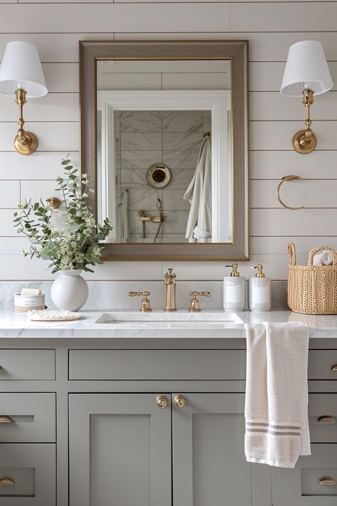 42 Timeless Modern Farmhouse Bathroom Design Ideas Neutral Classic Bathroom, Modern Farmhouse Bathroom Vanities, Tiny Guest Bathroom Ideas, Timeless Master Bath, Timeless Modern Farmhouse, Modern Farmhouse Bathroom Design, Modern Country Bathroom, Modern Cottage Bathroom, Neutral Cottage