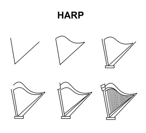 Step-by-Step tutorial for a harp. Harp Drawing Easy, Harp Instrument Drawing, Harp Drawing, Small Music Tattoos, Draw Music, Musical Instruments Drawing, Jesse Tree Ornaments, Embroider Ideas, Sabbath School