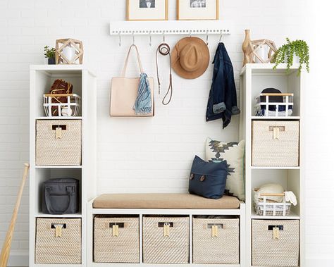 Entryway Storage & Organization Ideas Cube Storage Bench, Foyer Storage, Storage Bench Diy, Storage Bench With Cushion, Diy Storage Bench, Entryway Bench Storage, Bench Diy, Entryway Storage, Entryway Organization