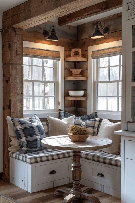 Rustic Living Room Table, Modern Cottage Living Room, Farmhouse Breakfast Nook, Farmhouse Breakfast, Cozy Kitchen Nook, Breakfast Rooms, Breakfast Nook Ideas, Cottage Dining Rooms, Rustic Living Room Furniture