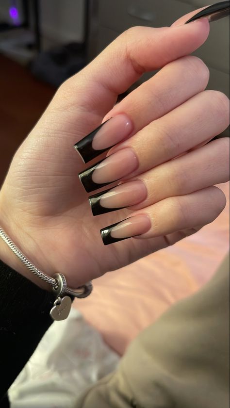 Black Nails Inspiration Square, Nail Ideas Acrylic Medium Length Square, Medium Square Nails French Tips, Nail Art Black French Tips, Black French Tip Tapered Square, Black French Long Nails, Black French Tip Acrylic Nails Square, Black V Shaped French Tip Nails, Black Medium Coffin Acrylic Nails