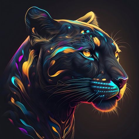 Pantera negra en colores neón ia generat... | Premium Photo #Freepik #photo #pantera-negra #jaguar #depredador #fauna-silvestre Shaman Woman, Sunset Canvas Painting, Tiger Artwork, Panther Art, Abstract Animal Art, Galaxy Cat, Spirit Animal Art, Neon Painting, Big Cats Art