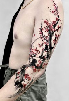 Cherry Blossom Tattoo Shoulder, Cherry Tree Tattoos, Tato Naga, Tato Lengan, Flower Tattoo Shoulder, Ornamental Tattoo, Blossom Tattoo, Cherry Blossom Tattoo, Elegant Tattoos