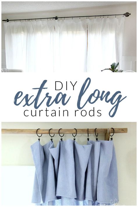 How to DIY your own extra long curtain rods. I've got some completely customizable options to suit any space, no matter what size your windows. Tension Rod Curtains, Extra Long Curtain Rods, Pipe Curtain Rods, Small Curtain Rods, Wooden Curtain Rods, Long Curtain Rods, Custom Curtain Rods, Extra Long Curtains, Diy Curtain Rods