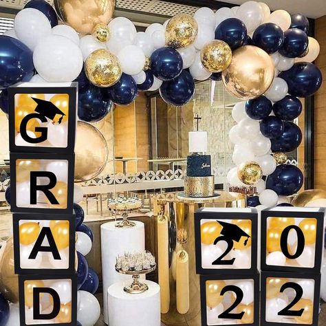 Balloon Boxes, Graduation Box, Graduation Table Decorations, Unc Charlotte, Gold Graduation Party, Graduation Tables, Black Balloon, Graduation Party Centerpieces, Graduation Party Decorations