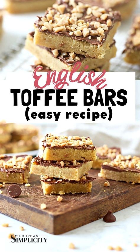 English Toffee Bars are incredibly good. This easy recipe has a rich buttery shortbread base topped with chocolate & toffee bits or nuts. Toffee Nut Bars, Toffee Chocolate Chip Shortbread Cookies, What To Make With Toffee Bits, Things To Make With Hershey Bars, English Toffee Bits Recipes, Toffee Cookies Bars, Easy Toffee Bars, English Toffee Bars, Shortbread Toffee Bars