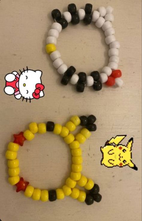 🎀⭐️ Womp Womp Bracelet, Pikachu Bracelet, Matching Kandi Bracelets, Hello Kitty Kandi, Kandi Inspiration, Rave Bracelets, Kandi Cuff Patterns, Pony Bead Projects, Kandi Inspo