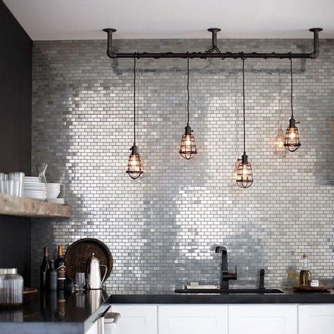 To buy, or DIY, that is often the question. Whatever you decide we’ve got you covered. Here’s a list of 10 industrial lighting ideas that you can buy or DIY. Metal Tile Backsplash, Diy Industrial Lighting, Industrial Kitchen Lighting, Metallic Backsplash, Urban Decor, Industrial Living, Industrial Livingroom, Interior Remodel, Metal Tile