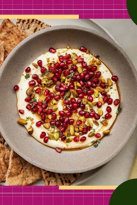 This whipped feta dip is velvety smooth, and when topped with pomegranate seeds, hot honey, pistachio and thyme, all your holiday guests will want a bite. Whipped Feta Recipe, Honey Pistachio, Whipped Feta Dip, Feta Recipe, Quick Appetizer, Healthy Appetizer, Bite Size Food, Healthy Appetizer Recipes, Feta Recipes