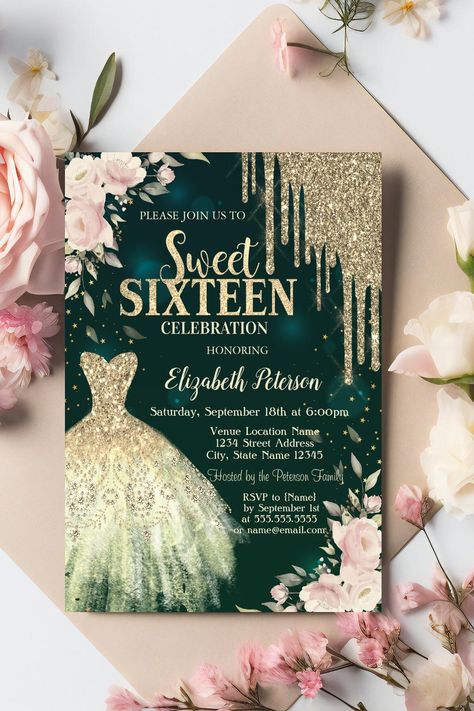 Gold Glitter Drips,Dress,Floral Green Sweet 16 Invitation Sweet 16 Decorations Green, Green And Gold Sweet 16, Sweet 16 Color Schemes, Sweet Sixteen Pictures, Green Sweet 16, Sweet 16 Themes, 16 Invitations, Sweet 16 Decorations, Sweet 16 Invitations