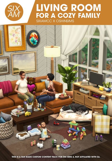 Living Room for a Cozy Family (CC Pack for The Sims 4) by SIXAMcc x OshinSims - Sixam CC Sims 4 Sixam Cc, Sixam Cc Sims 4, Sims 4 Matching Family Outfits, Sims 4 Family Gameplay Mods, Sims 4 Basement Cc, Sims 4 Cc Package, Sims 4 Family Cc, Sims 4 Cc House Build, Sims 4 Cc Family