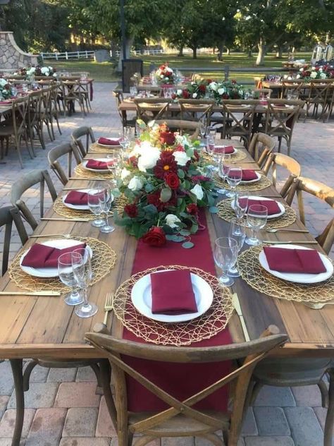 Ruby Table Decorations, Dark Red Table Setting, Wine Red Wedding Theme Table Settings, Burgundy And Gold Table Setting, Maroon Table Setting, Burgundy Table Setting Wedding, Burgundy Table Setting, Red Table Setting, Outdoor Dinner Party Table