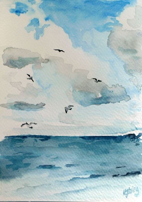 zee met meeuwen Water Colour Sea Landscape, Watercolor Ocean Easy, Sea Watercolour Painting, Sailboat Watercolor Easy, Watercolor Beach Scenes Easy, Ocean Watercolor Art, Simple Watercolour Ideas For Beginners, Easy Beach Watercolor Paintings, Easy Beach Watercolor