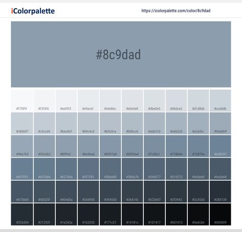 Color space information #8c9dad | Pantone 16-4010 Tcx Dusty Blue. Similar Pantone Color name Information, Color Schemes, Light / Darkshades, Tones, Similar Colors , Preview the color and download Photoshop swatch and solid color background image Zen Color Palette, Blue Color Hex, Pantone Color Book, Space Information, Color Palette From Image, Flat Color Palette, Hexadecimal Color, Hex Color Palette, Color Palette Challenge