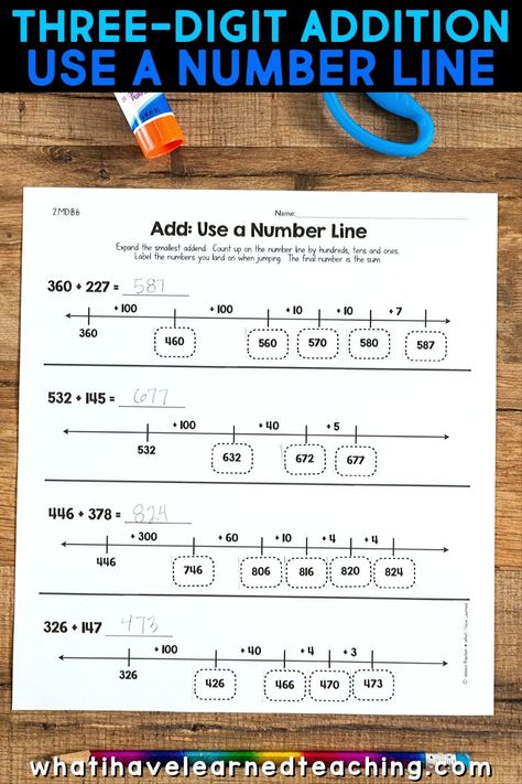 Fun math activities for second-grade students that are aligned with the common core. Teachers can use these cut and paste math worksheets in math centers, with a substitute teacher, or for extra practice on key second-grade math concepts. There are two worksheets for each common core standard. This one is three-digit addition using a number line. Three Digit Addition, Online School Organization, Differentiation In The Classroom, Teaching Place Values, Elementary Math Classroom, Subtraction Activities, Math Place Value, Teaching Spelling, Teaching Second Grade