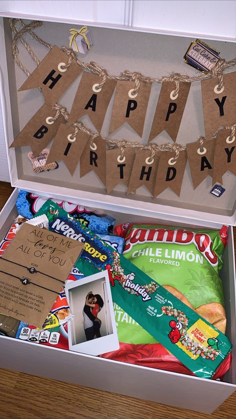 Birthday, boyfriend gift box, boyfriend birthday gift, snack box, couple gift idea, boyfriend birthday gift idea, cute couple birthday gift, cute couples, green bag of chips, polaroid pic, nerds rope, green candy, white box, happy birthday sign Birthday Gifts To Give Your Boyfriend, Birthday Box For Girlfriend, Thing To Get Your Bf For His Birthday, Gifts To Make For Boyfriend Birthday, Men’s Birthday Surprise, Bf 20th Birthday Gifts, Sentimental Birthday Ideas, Bday Box For Boyfriend, Boyfriend Small Gifts Ideas