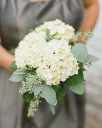 This bouquet would be pretty made into an arrangement for a table. Hydrangea Bridesmaid Bouquet, Green Wedding Bouquet, Eucalyptus Bouquet, Hydrangea Bouquet, Hydrangeas Wedding, Seeded Eucalyptus, Eucalyptus Wedding, Flower Centerpieces Wedding, Orange Wedding