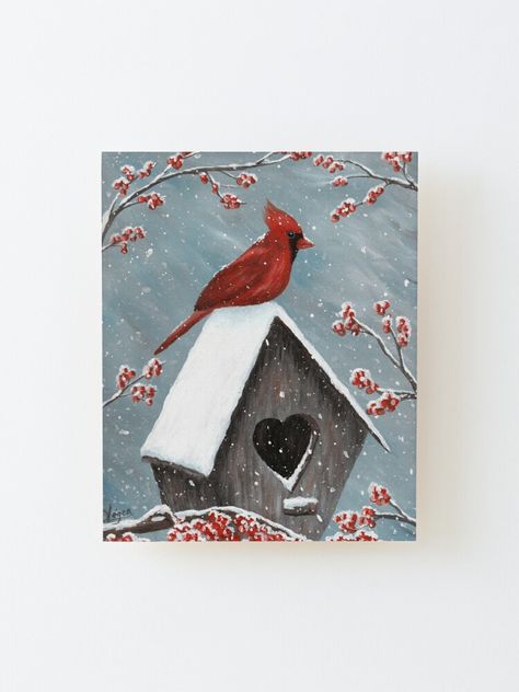 Wall-ready birch plywood print 1/4 inch (6mm) thick with rounded corners Wood grain may be visible through print Mount directly to the wall using 3M tabs Wood spacer helps print stand out 3/4 inch (2cm) from the wall. Acrylic Painting of the red Northern Cardinal bird in the winter snow. The snow is gently falling on him, the birdhouse and the frozen holly berries. Original Acrylic Painting Art by Donna Leger. All Rights Reserved. ©irony designs Cardinal Bird Painting, Cardinal Winter, Paint Birds, Cardinal Painting, Bird Painting Acrylic, Christmas Canvas Art, Christmas Paintings On Canvas, Northern Cardinal, Bird Houses Painted