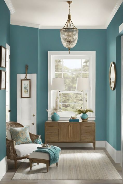 Aegean Teal, Benjamin Moore, 2024 Palette, Richness Teal Living Room Paint Color Ideas, Turquoise Wall Paint Ideas, Turquoise Dining Room Walls, Teal Wall Living Room Ideas, Home Paint Colors Interior Most Popular, Blue And Green Interiors, Light Teal Paint Colors For Bedroom, Sage And Teal Color Palette, Teal Color Palette Living Room