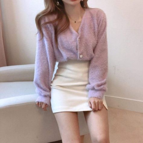 Fashion V-neck Single Breasted Knitting Cardigan Sweater SP15599 - Harajuku Kawaii Fashion Anime Clothes Fashion Store - SpreePicky Cardigan Y2k, Fluffy Cardigan, Knitting Cardigan, Vsco Aesthetic, Loose Cardigan, Purple Outfits, Sweater Crop, Heart Button, Solid Clothes