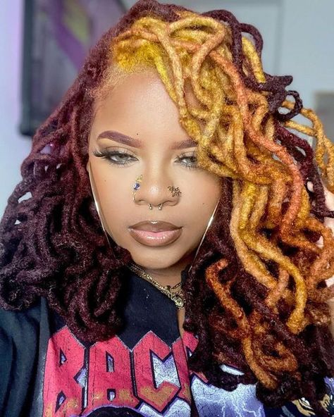 Ombre Hair Color For Locs, Loc Dye Styles, 3 Tone Locs, Locs Fall Colors, Loc Fall Colors, Ombre Locs Dreadlocks Black Women, Red Ombré Locs, Fall Colored Locs Black Women, Cooper Locs Black Women