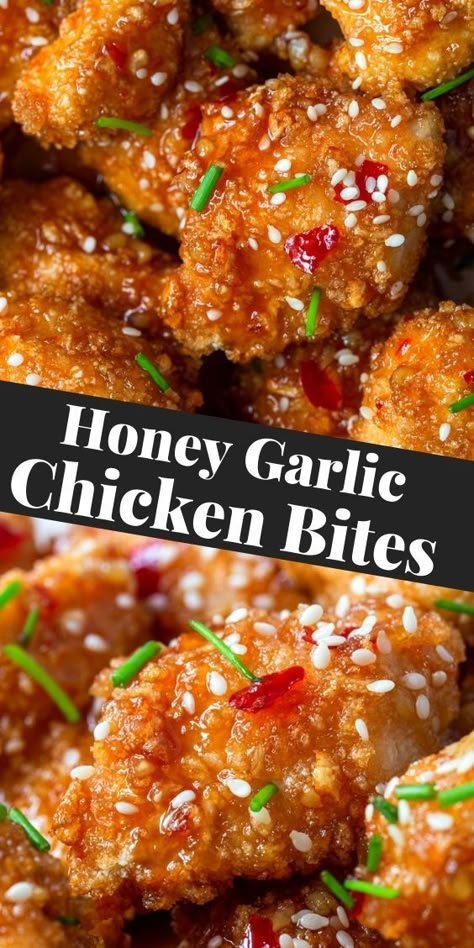 Honey Garlic Chicken Bites, Garlic Chicken Bites, Baked Honey Garlic Chicken, Crispy Honey Chicken, Honey Chicken Recipe, Chicken Bites Recipes, Honey Glazed Chicken, Chicken Nugget Recipes, Healthy Honey