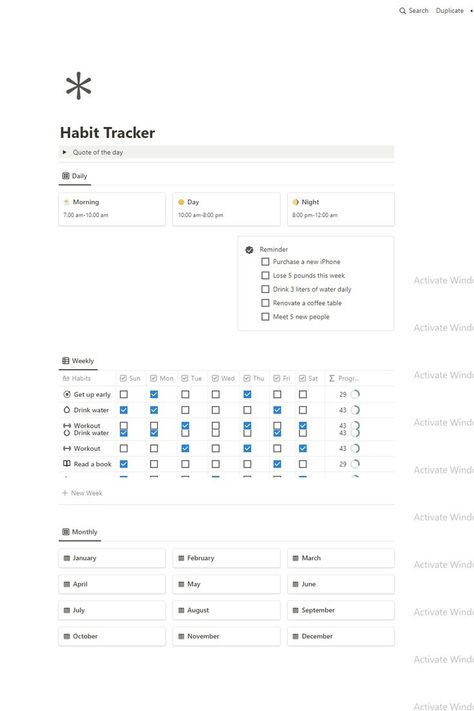 A free habit tracker notion template that can be your Simple , Weekly , Monthly , printable habit tracker . Establish your goal & make a routine by keeping an eye on your daily/weekly , monthly habits. This free template can be your next habit tracker idea for layout . Download now. Notion Template Ideas Monthly, Notion Daily Habit Tracker, Habit Tracker On Notion, Notion Layout Minimalist, Notion Routine Ideas, Notion Calorie Tracker, Free Notion Habit Tracker Template, Notion Daily Routine Template, Notion Goal Tracker