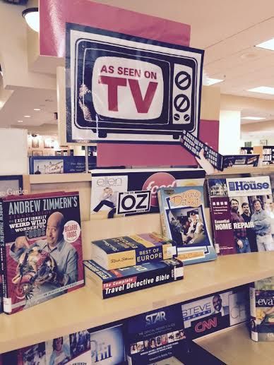 "As Seen On TV"  Library Book Display Bedford Branch Library Temperance, Michigan Library Book Displays For Adults, Book Merchandising, Bulletin Boards Christmas, Book Display Ideas Library, Bulletin Boards School, Book Display Ideas, Tv Library, Teen Library Displays, Library Signage