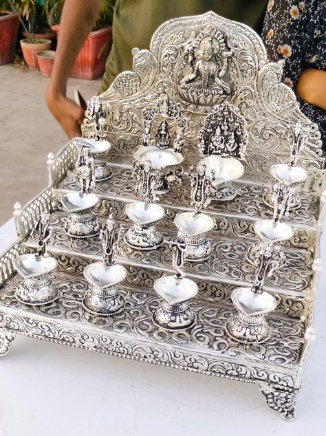 Germán silver das Avtar Vishnu set with Lakshmi stand German Silver Pooja Items, Shri Ram Photo, Silver Pooja Items, Ram Photos, Pooja Room Door Design, Antique Bridal Jewelry, Room Door Design, Home Temple, Photo Background Images