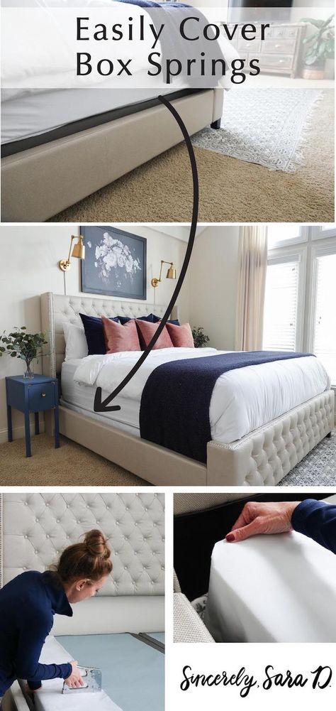 Inexpensive way to easily cover box springs - Sincerely, Sara D. Bed With Box Spring, Beautiful Bed Designs, Simple Bed Designs, Upholstered Box Springs, Boxspring Bed, Box Spring Bed Frame, Box Spring Cover, Bed Foundation, Box Springs