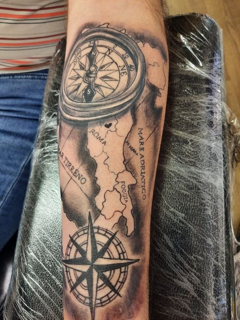 Italian Compass Tattoo, Italy Tattoo, Map Of Italy, Tattoos Arm, Men Tattoos Arm Sleeve, Map Compass, Men Tattoos, Italy Map, Arm Sleeve