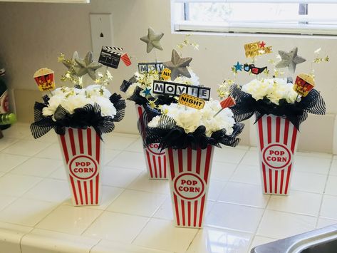 Movie Theme Dessert Table, Movie Theme Centerpieces Diy, Hollywood Party Centerpiece Ideas, Movie Premiere Centerpieces, Movie Theater Centerpieces, Hollywood Party Centerpieces Diy, Movie Party Centerpieces, Movie Night Centerpieces, Movie Theme Centerpiece Ideas