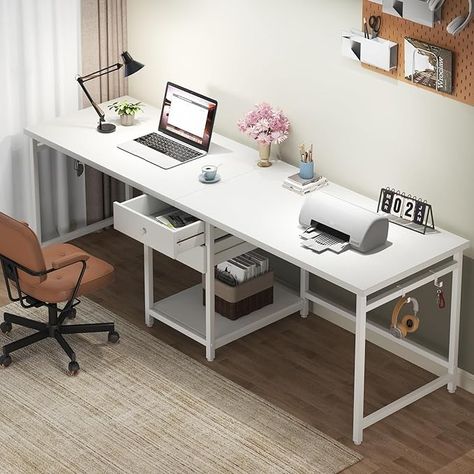 Amazon.com: Tribesigns 79 Inch Extra Long Desk, Double Desk with 2 Drawers, Two Person Desk Long Computer Desk with Storage Shelves, Writing Table Study Desk for Home Office, White : Home & Kitchen Extra Long Desk, Long Study Table, Long Office Desk, Long Computer Desk, Two Person Desk, Large Office Desk, Double Desk, Study Table Designs, Long Desk