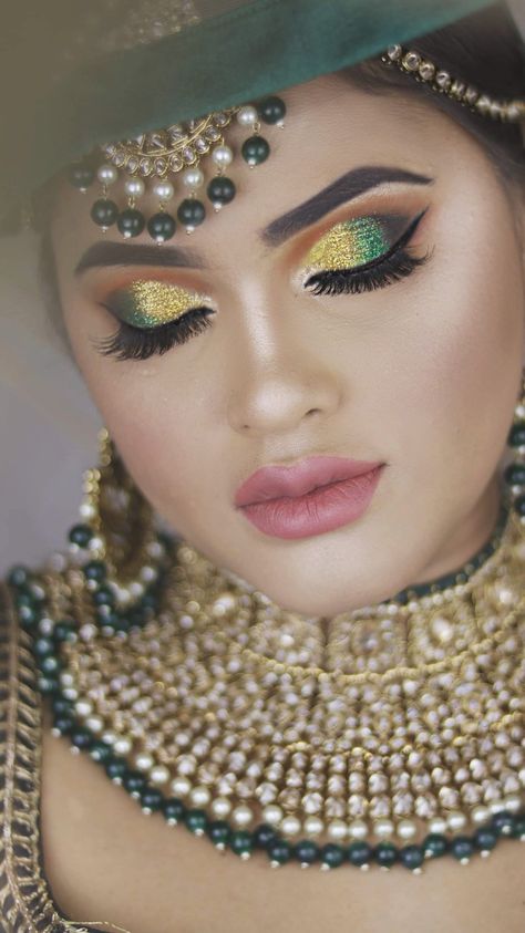 Watch the full video on youtube at Makeupbyazmeree. Or follow us at Makeupbyazmeree #greenandgold #indianbride #pakistanibride Green Indian Makeup, Mehendi Eye Makeup Looks, Makeup Images, Eye Makeup For Green Saree, Eye Makeup Wedding, Mehndi Eye Makeup, Mehendi Makeup Looks, Full Cut Crease Eye Makeup, Makeup Looks Videos